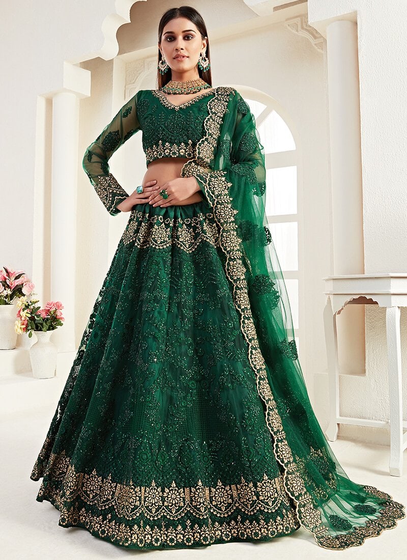 Emerald Green Heavy Embroidered Net ...