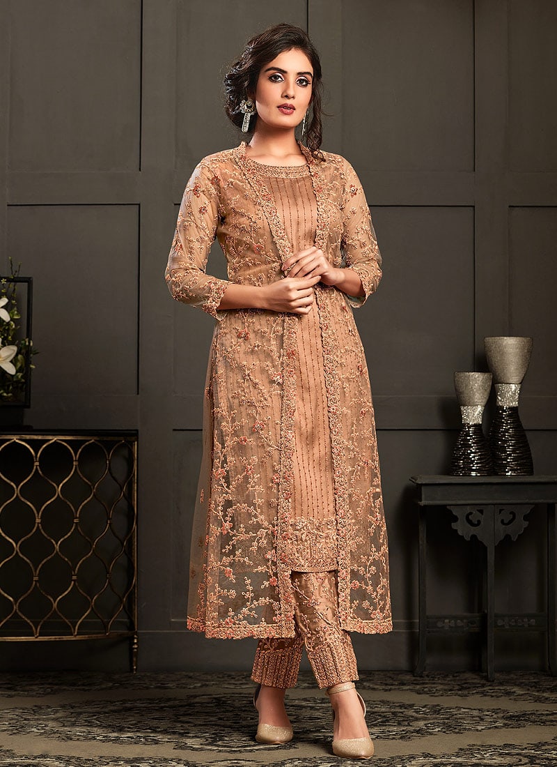Peach Embroidered with Jacket Salwar 