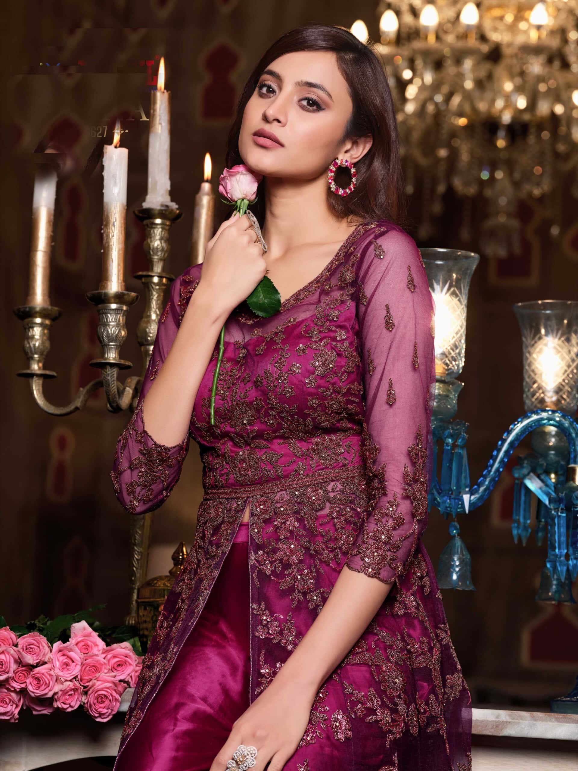 Dark Pink Embroidered Net Anarkali Suit  Maharani