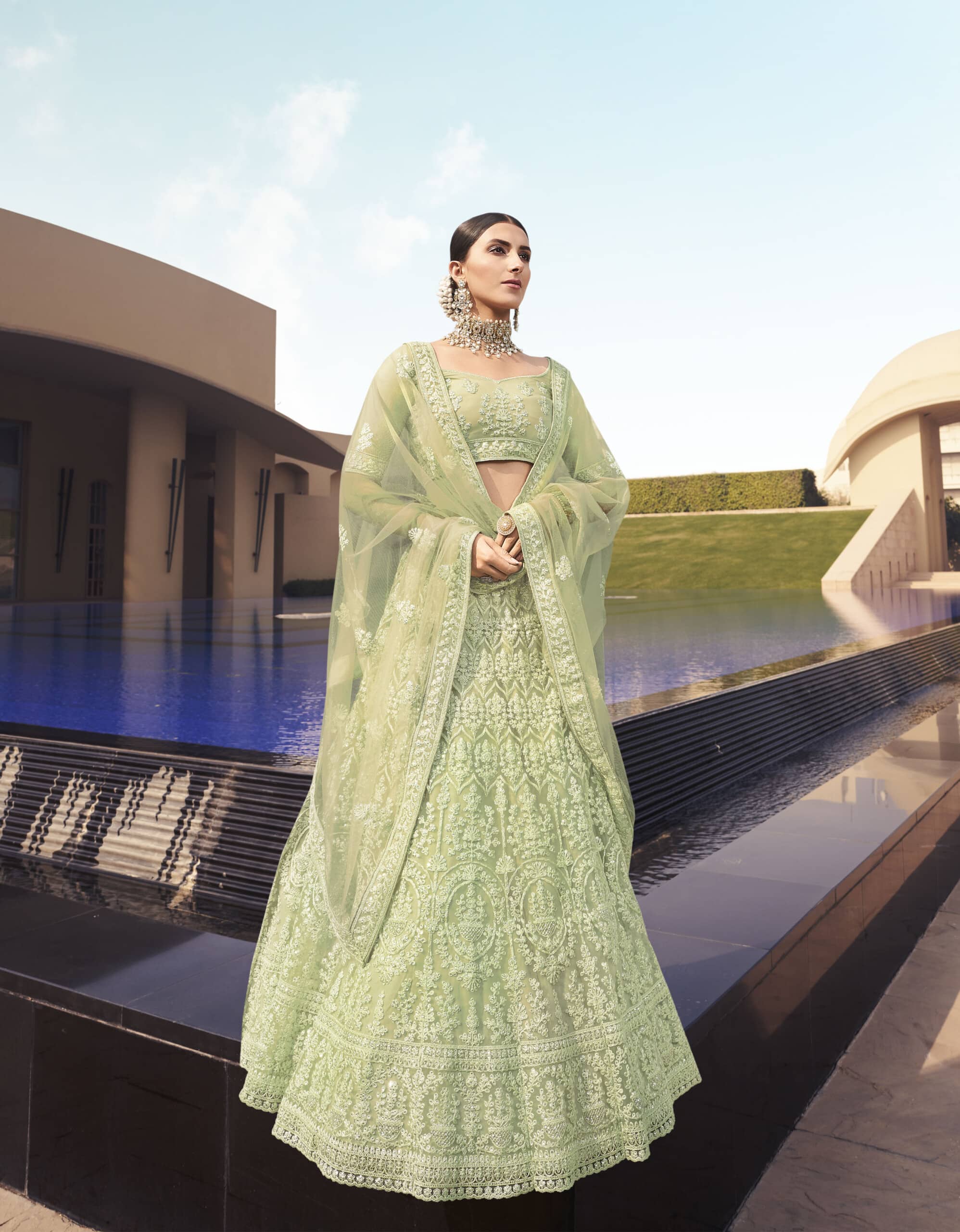 Buy Green Soft Net Reception Wear Dori Work Lehenga Choli Online From  Wholesale Salwar.