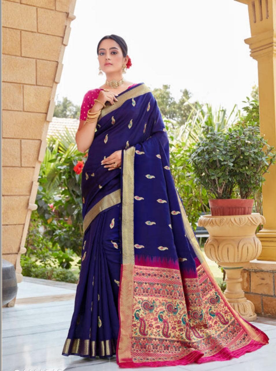 Light pink and navy blue chiffon saree with attached Kanchi silk border   SAREEENVY