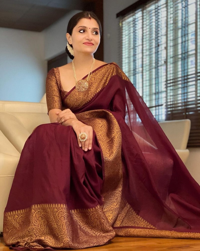 Maroon Color Fancy Fabric Adorming Party Look Ready to Wear Saree