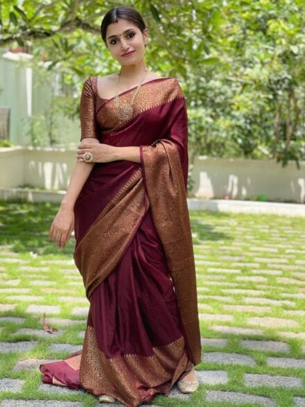 Stunning Glory Silk Saree in Bold Maroon Color with Traditional Weaving Work