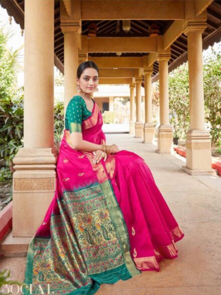 pochampally ikkat silk saree in blends of pink and light green color buy  online