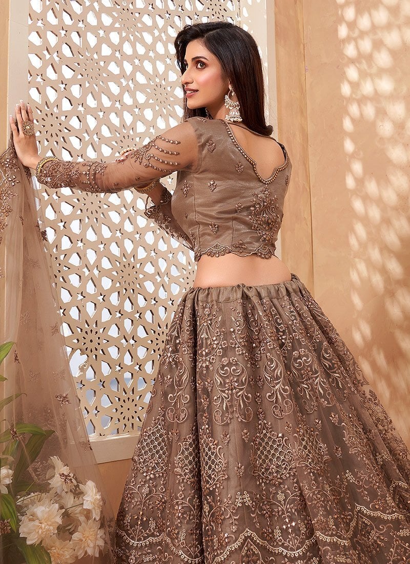 Brown Heavy Multi Embroidered Silk Lehenga - Party Wear Lehengas - Maharani Brown Heavy Multi Embroidered Silk Lehenga - Party Wear Lehengas - Maharani