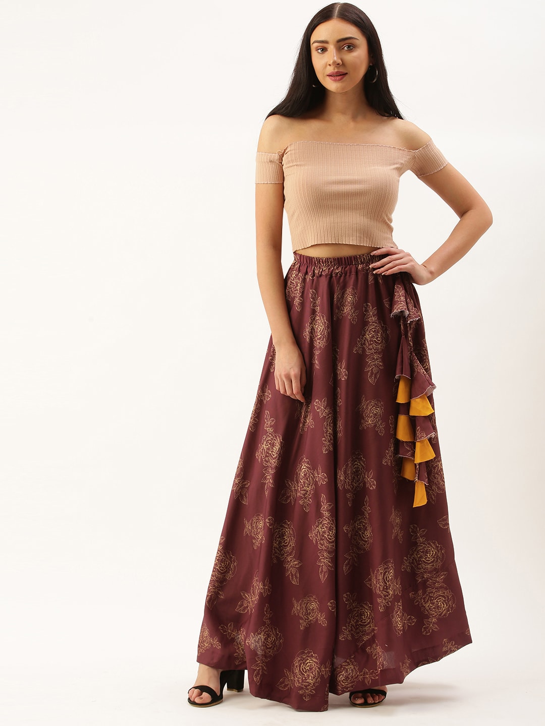 Blue  Burgundy Color Printed Flared Long Skirt
