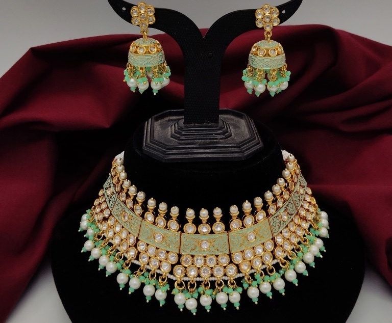 Designer Wedding Green Kundan Necklace Sets - Runjhun Jewellery - 3050570