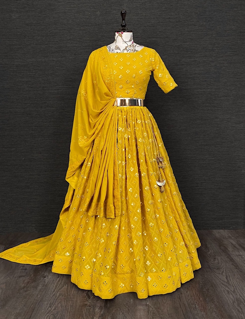 Mustard Yellow Thread u0026 Paper Mirror Work Georgette Lehenga – Maharani