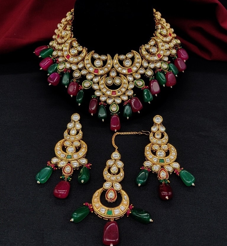 Buy Green Gold Tone Kundan Beaded Necklace With Earrings Online at  Jaypore.com