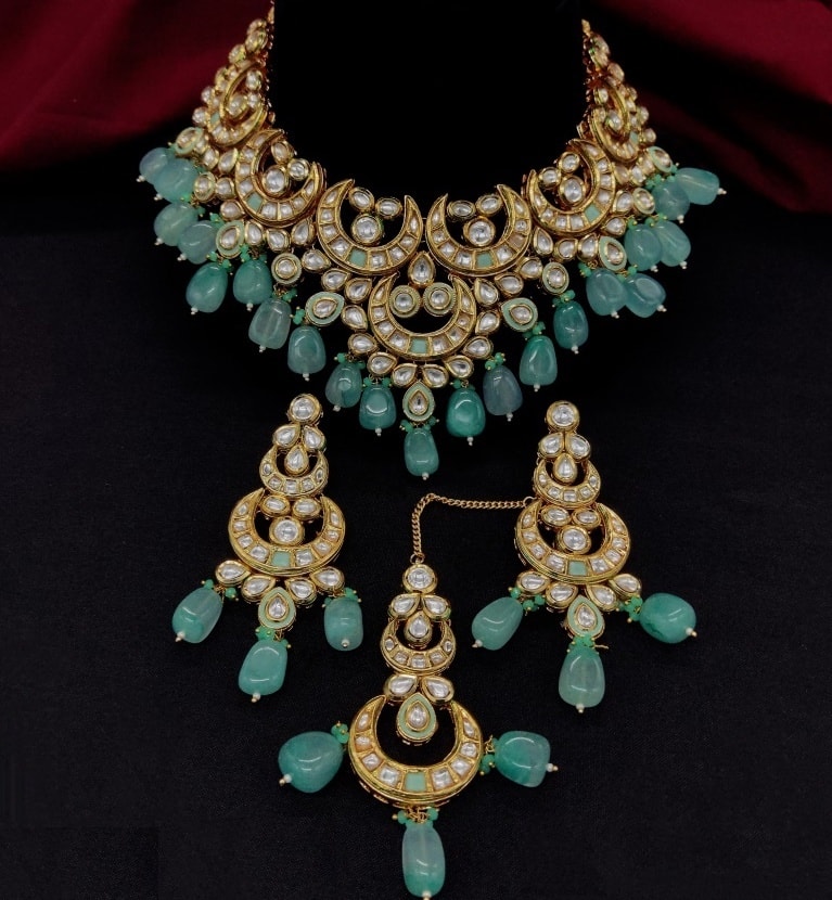 Turquoise Green Kundan Heavy Jewellery Set Maharani