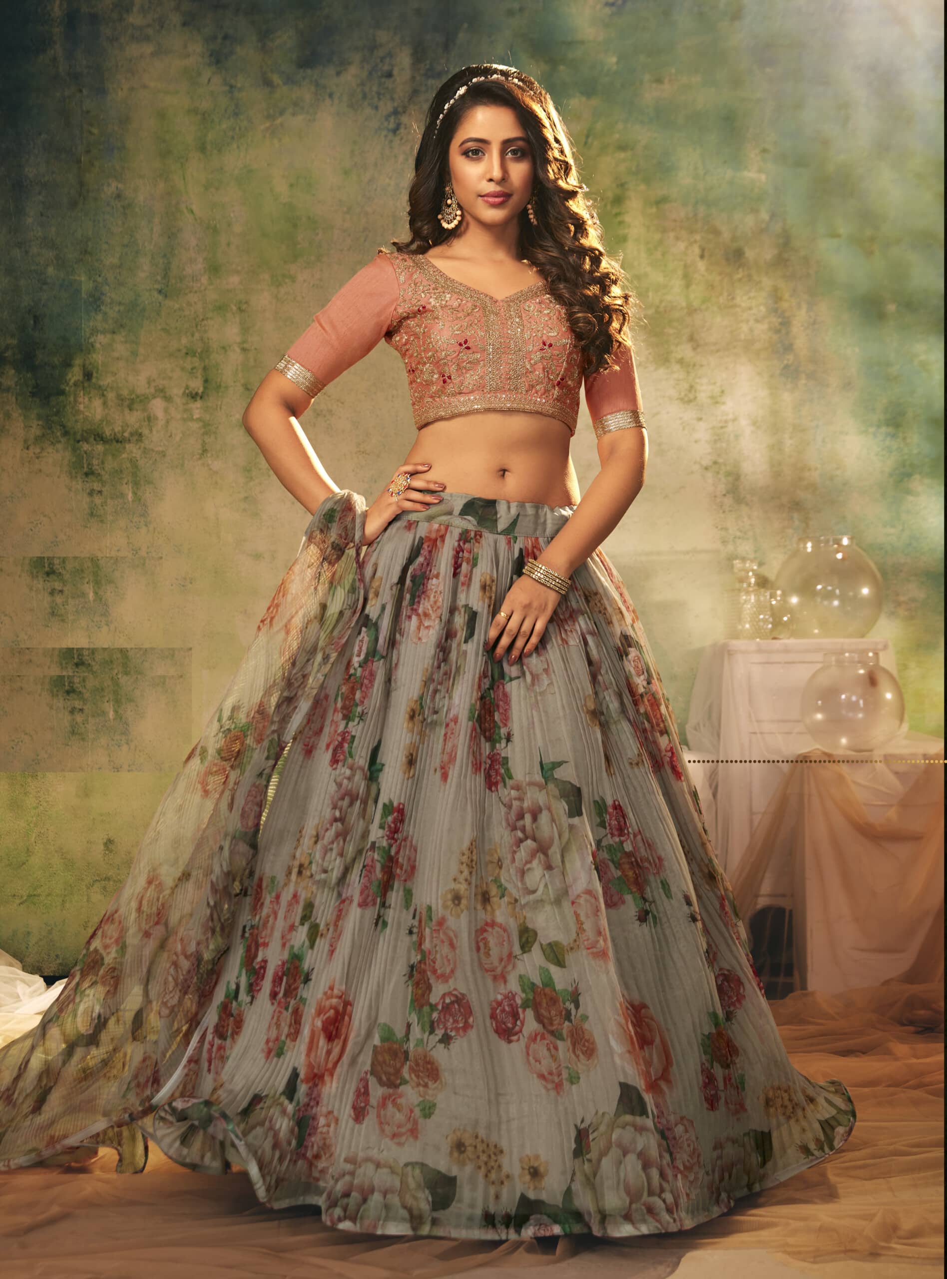 Designer Printed Organza Lehenga Choli In Royal Blue