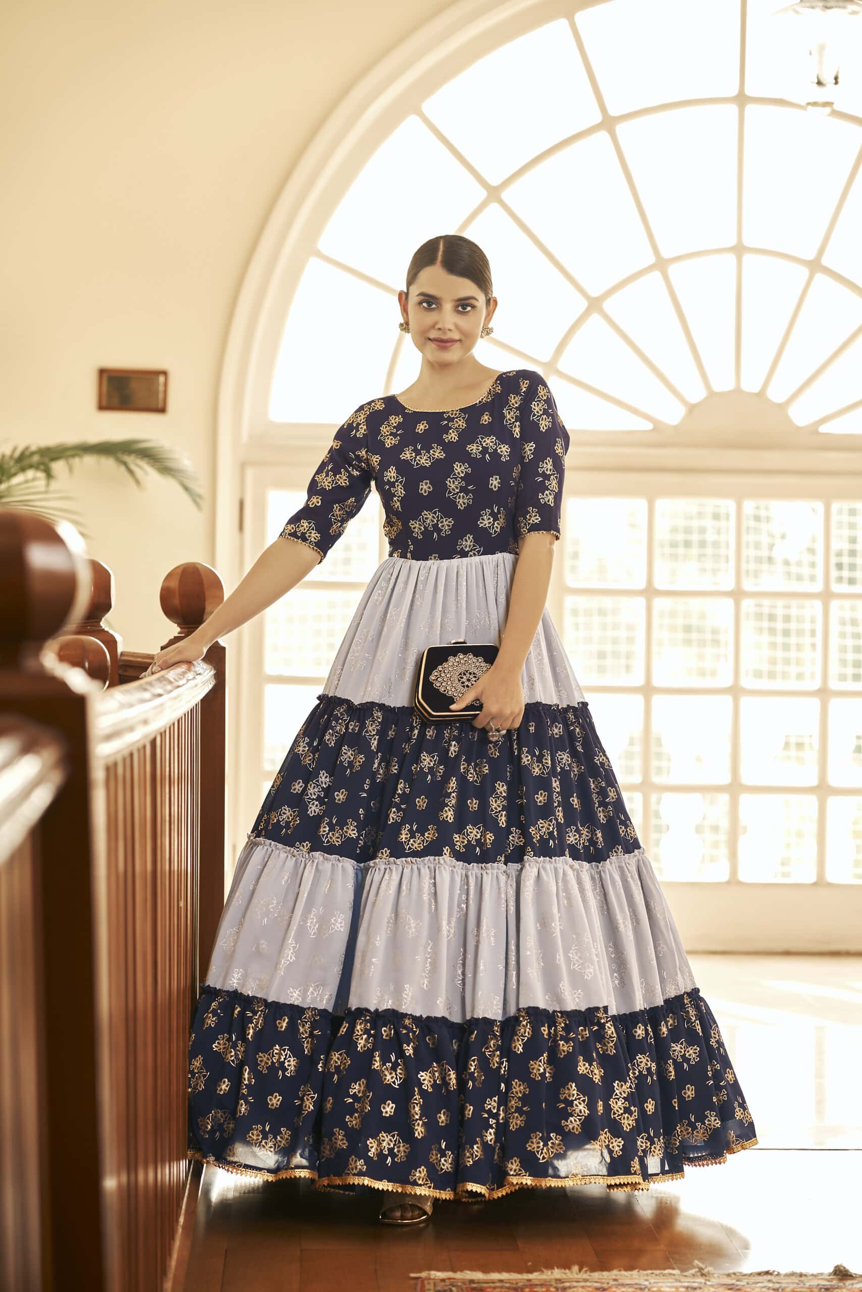 Black Foilage Print Net Evening Party Wear Anarkali Gown Semi Stitched -  SHUBHKALA - 3910851