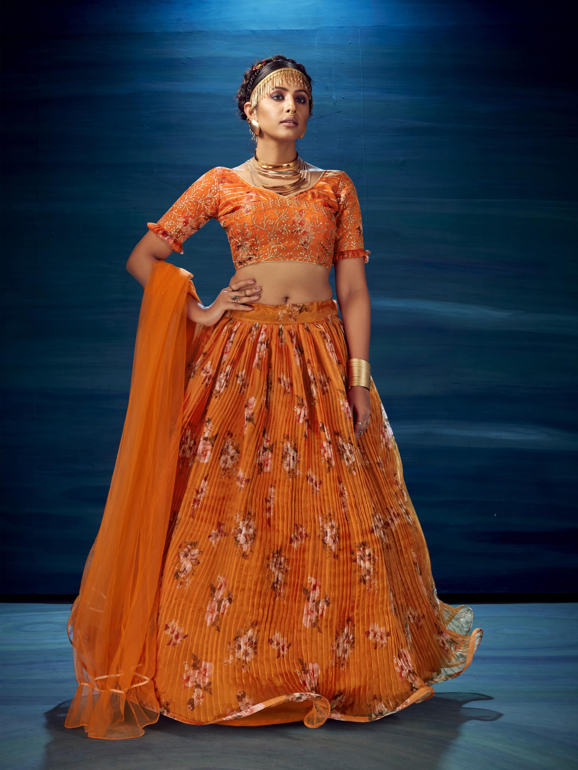 Patch Border Work Orange Raw Silk Designer Lehenga Saree -