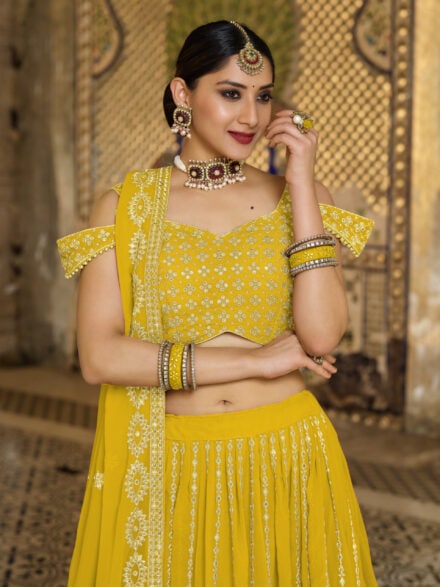 Yellow Sequence Multi Embroidered Pure Georgette Lehenga Maharani