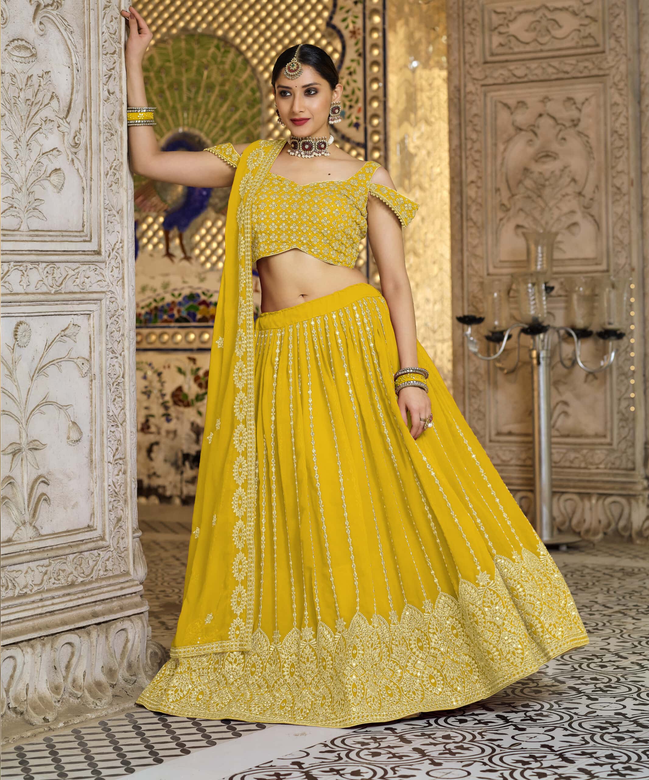 Nitika Gujral Embroidered Lehenga Set | Yellow, Georgette, Sweetheart,  Sleeveless | Lehenga, Yellow lehenga, Fashion