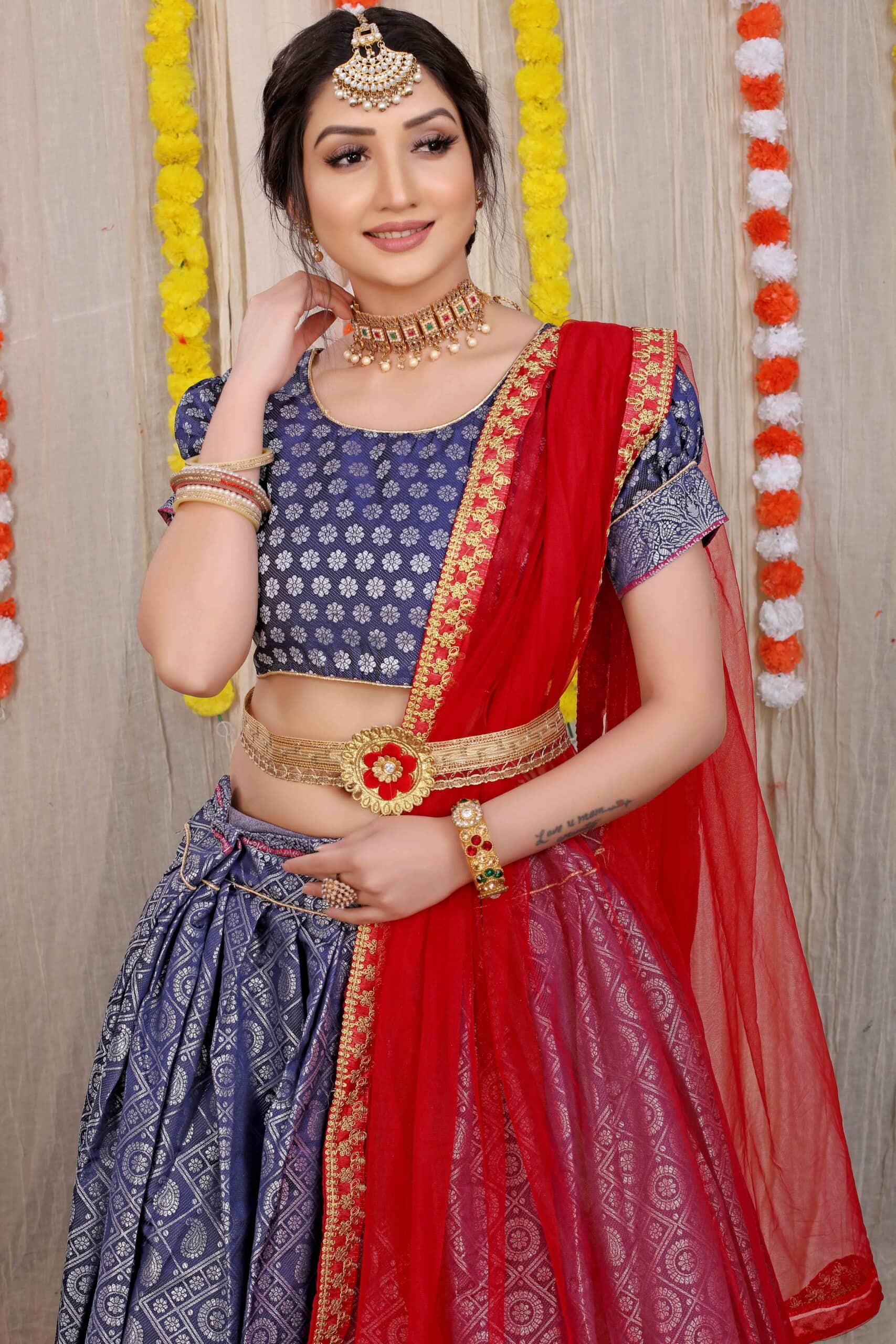 Buy Navy Blue Lehenga with a Red Blouse and an Ivory Dupatta by NIDHI  THOLIA at Ogaan Online Shopping Site