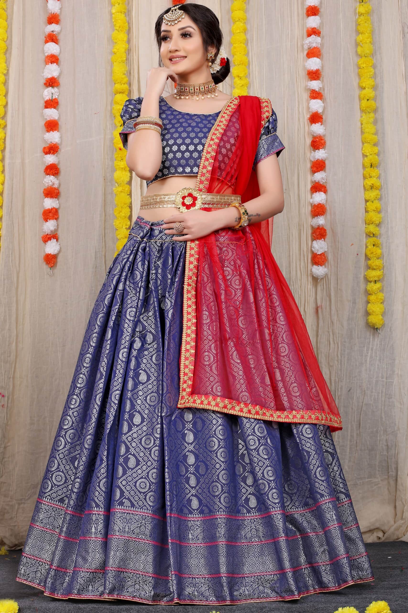 Pink and Blue heavy embroidered Lehenga Set - Rent – Glamourental