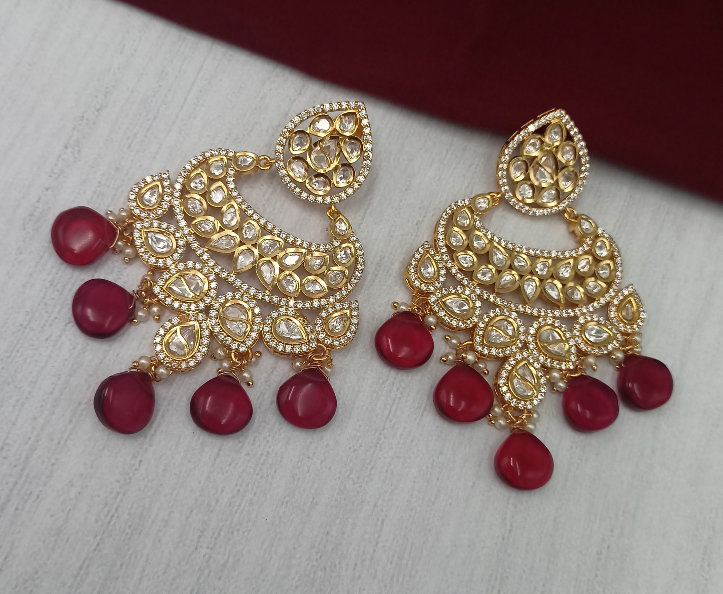 Maroon Pure Real Kundan Earrings Maharani