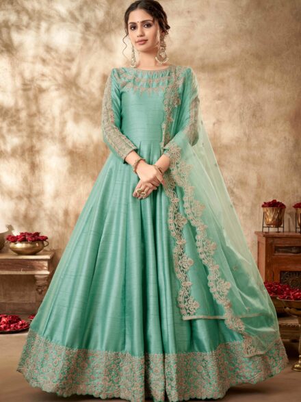 Green Color Georgette Front and Back Embroidery Work Anarkali Suit –  Joshindia