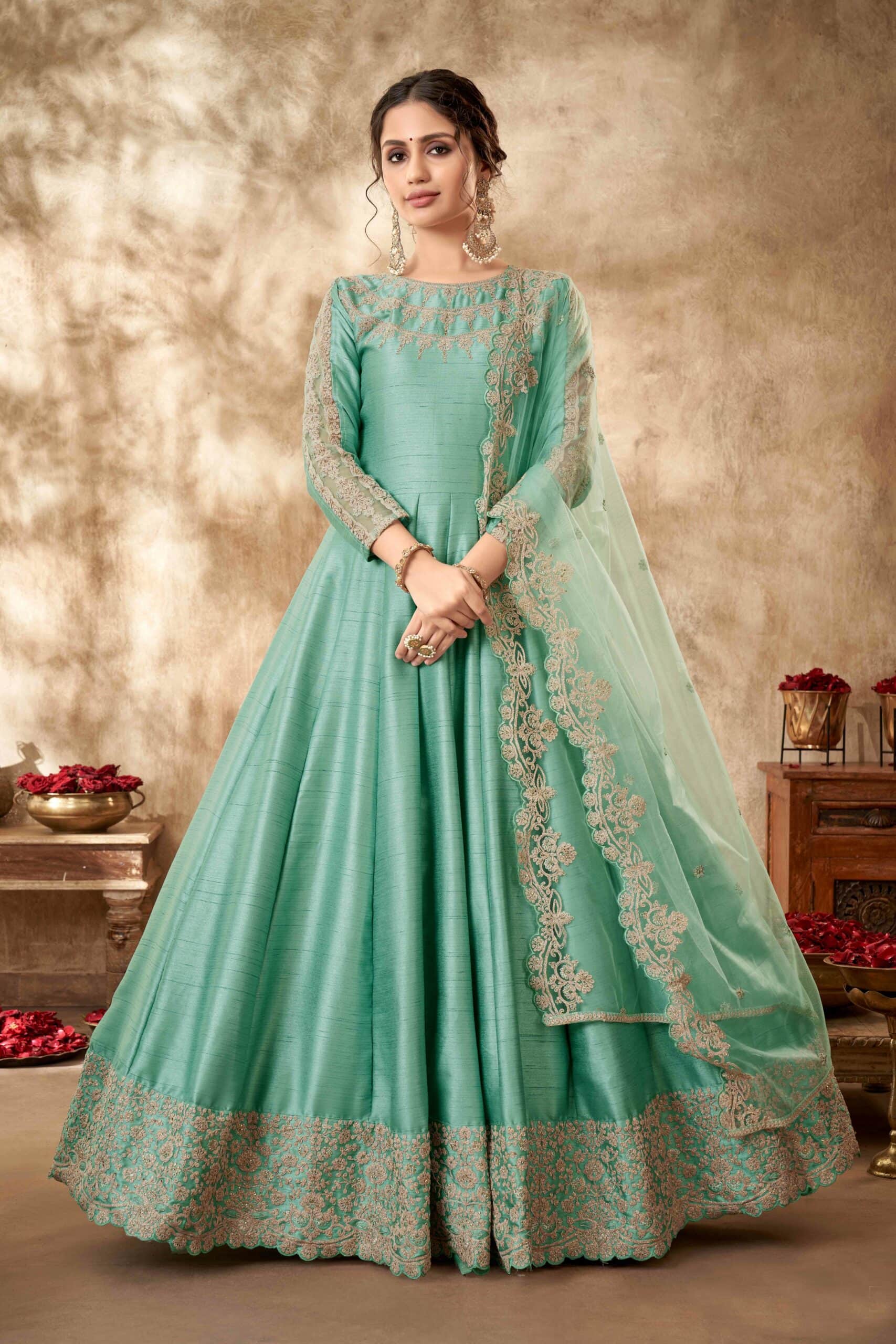 Embroidered Net Pistachio Green Anarkali Suit LSTV119093