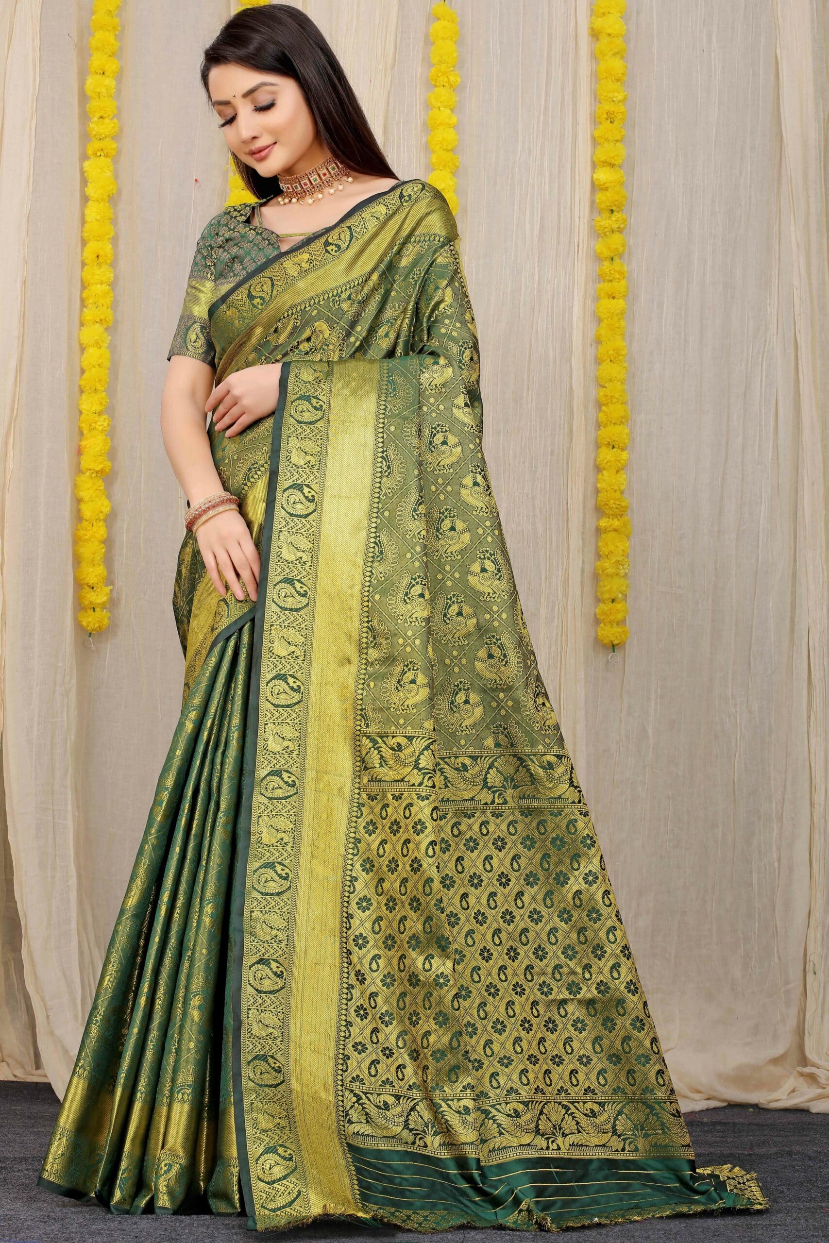 Matka Silk Saree with Mehendi Green colour – Nivedita Fashions