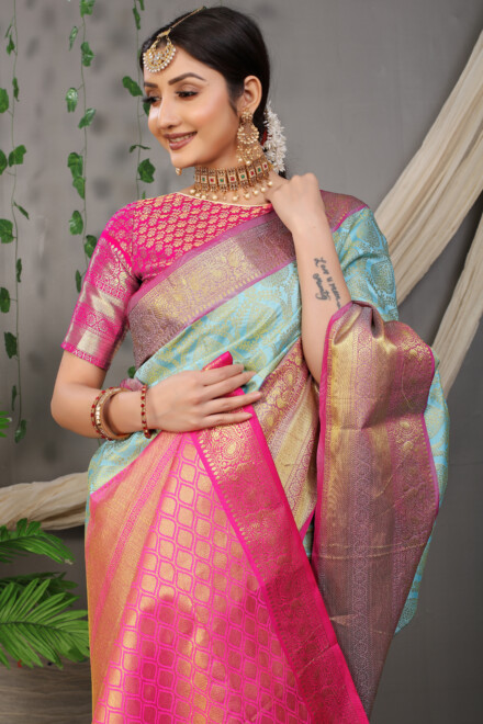Sky Blue Jacquard Work Banarasi Silk Saree - Sarees - Maharani Sky Blue Jacquard Work Banarasi Silk Saree - Sarees - Maharani