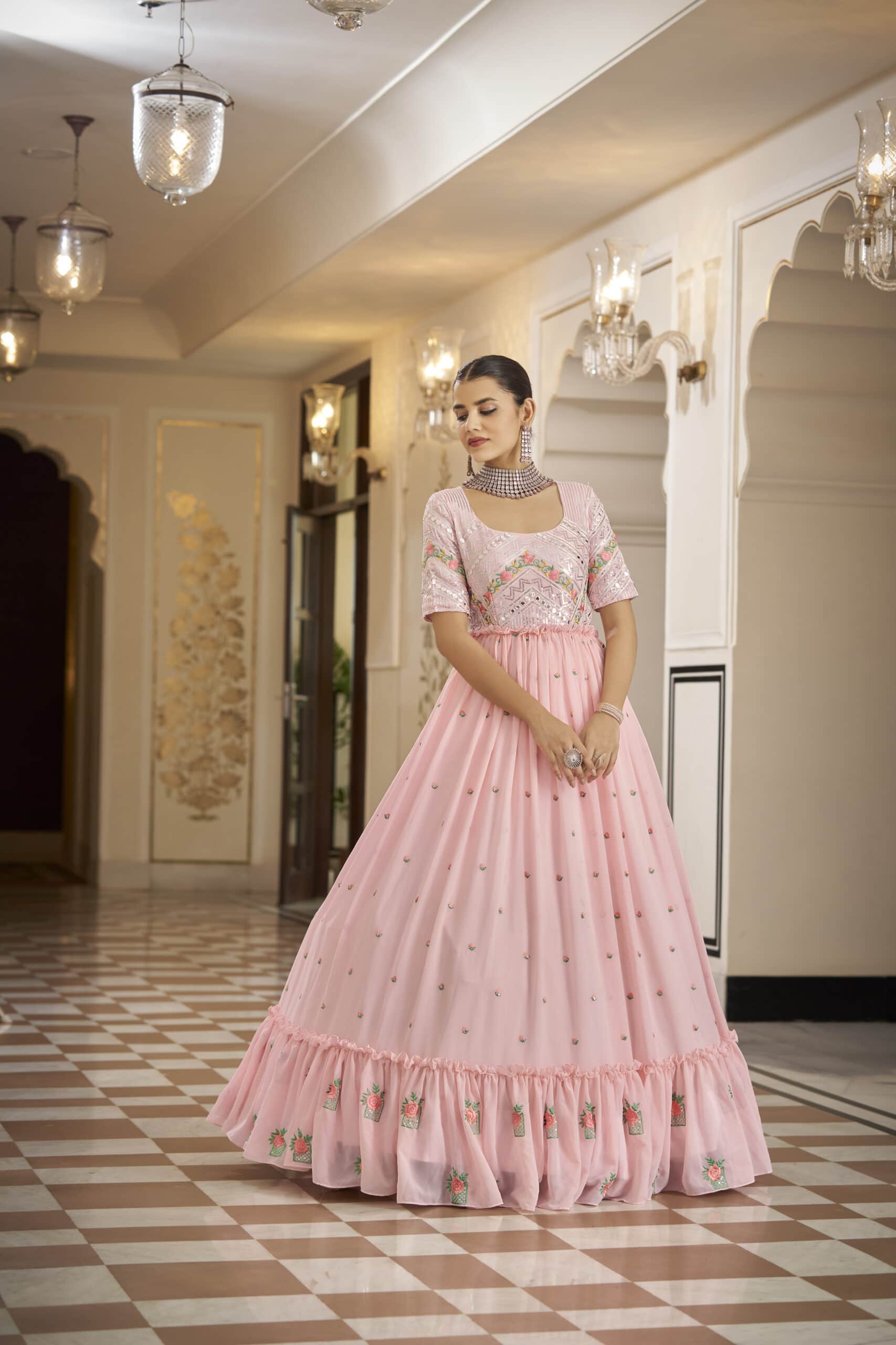 Rani Pink Traditional Anarkali Suit in Jacquard Art Silk with Gota...