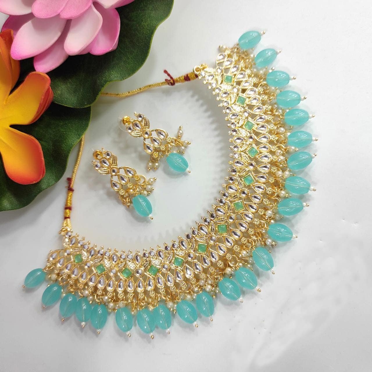 Ebbani Gold Polished Necklace With Blue Stone And Pearls - Laura Designs  (India)