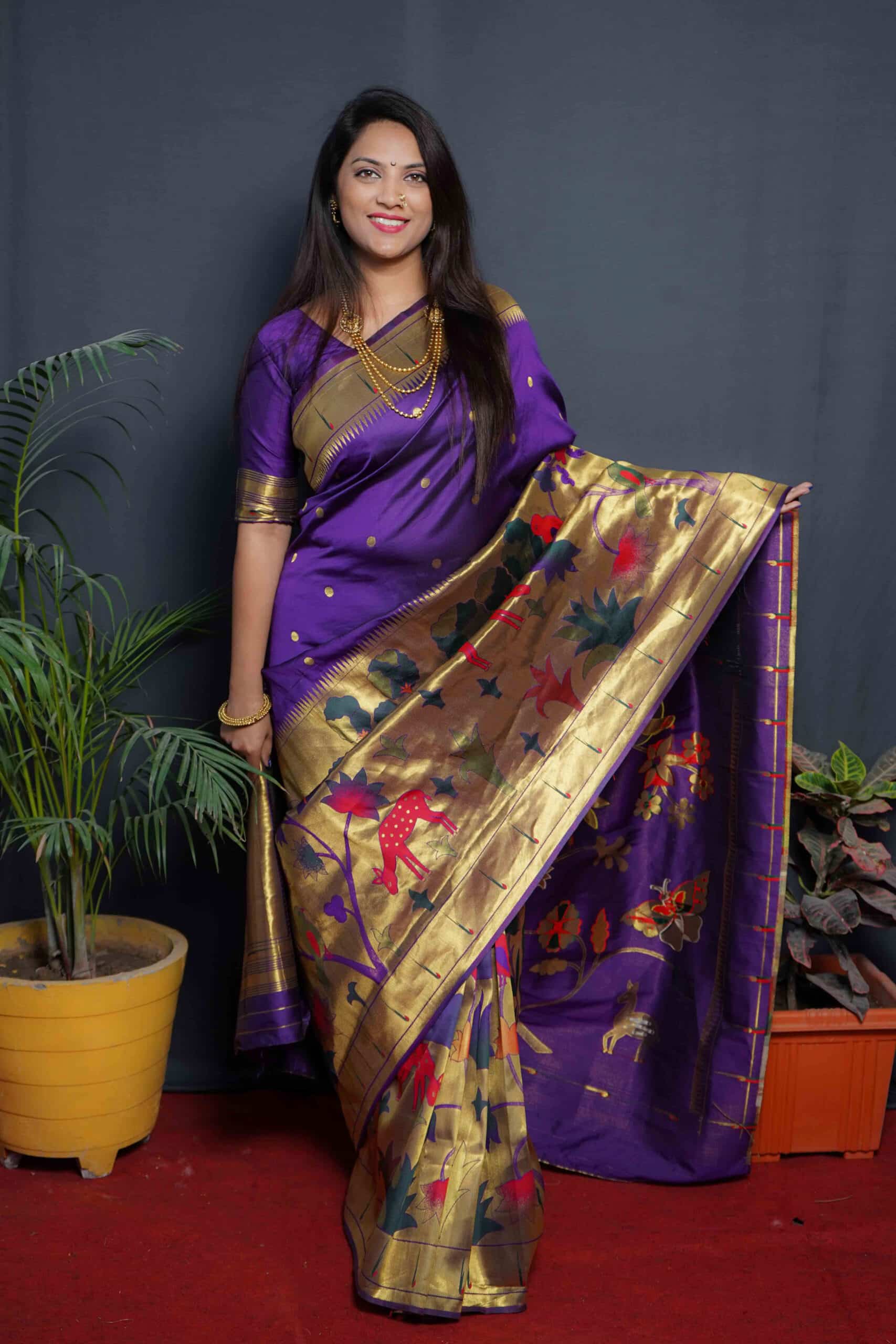 Beautiful Paithani Silk Wine Saree - Vinsa Fashion
