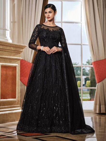 Black Colored Georgette Anarkali Suit With Dupatta - Anarkali Dresses -  Salwar Suits - Indian