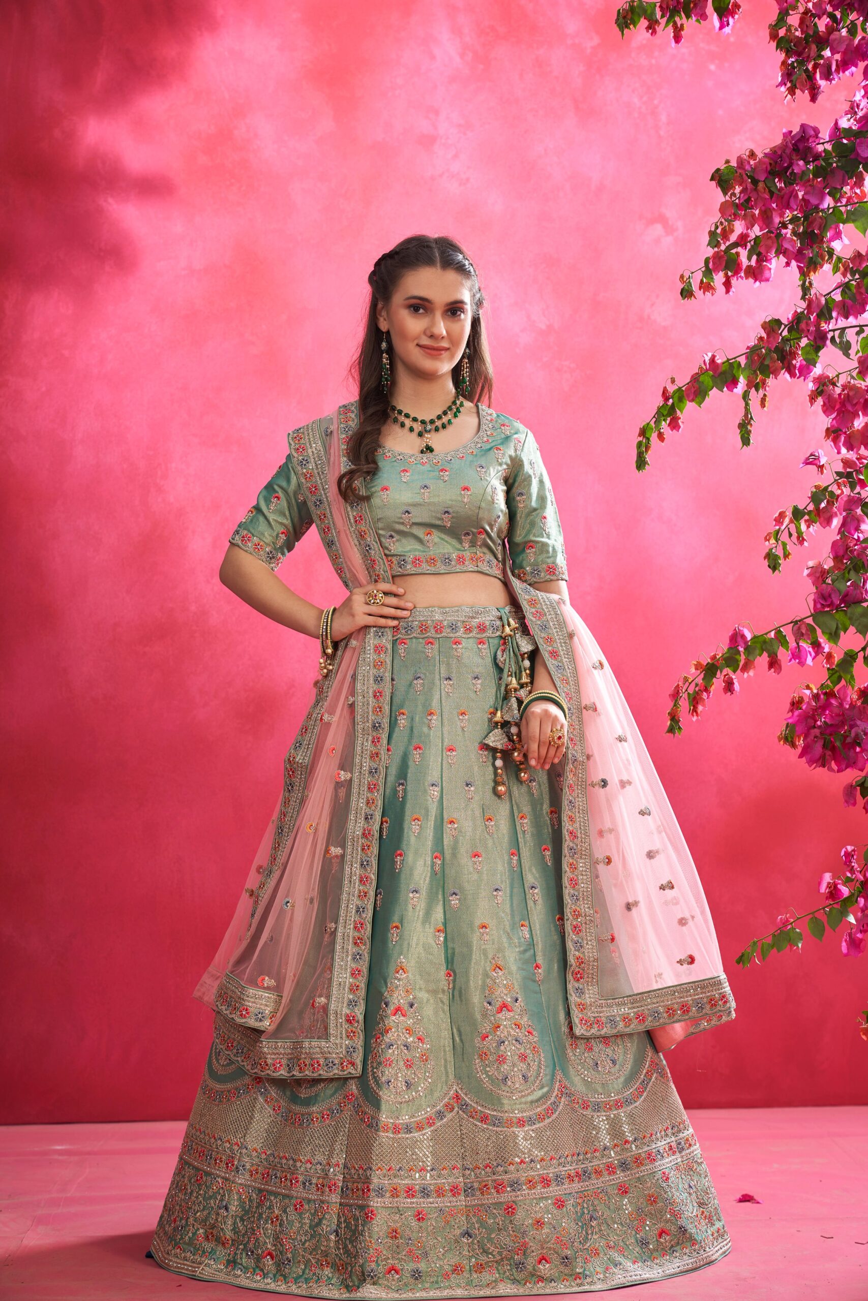 Buy Pista Green Mirrorwork Raw Silk Readymade Lehenga - Koskii
