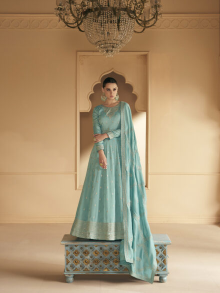 Blue Silk Anarkali Gown – Vasansi Jaipur