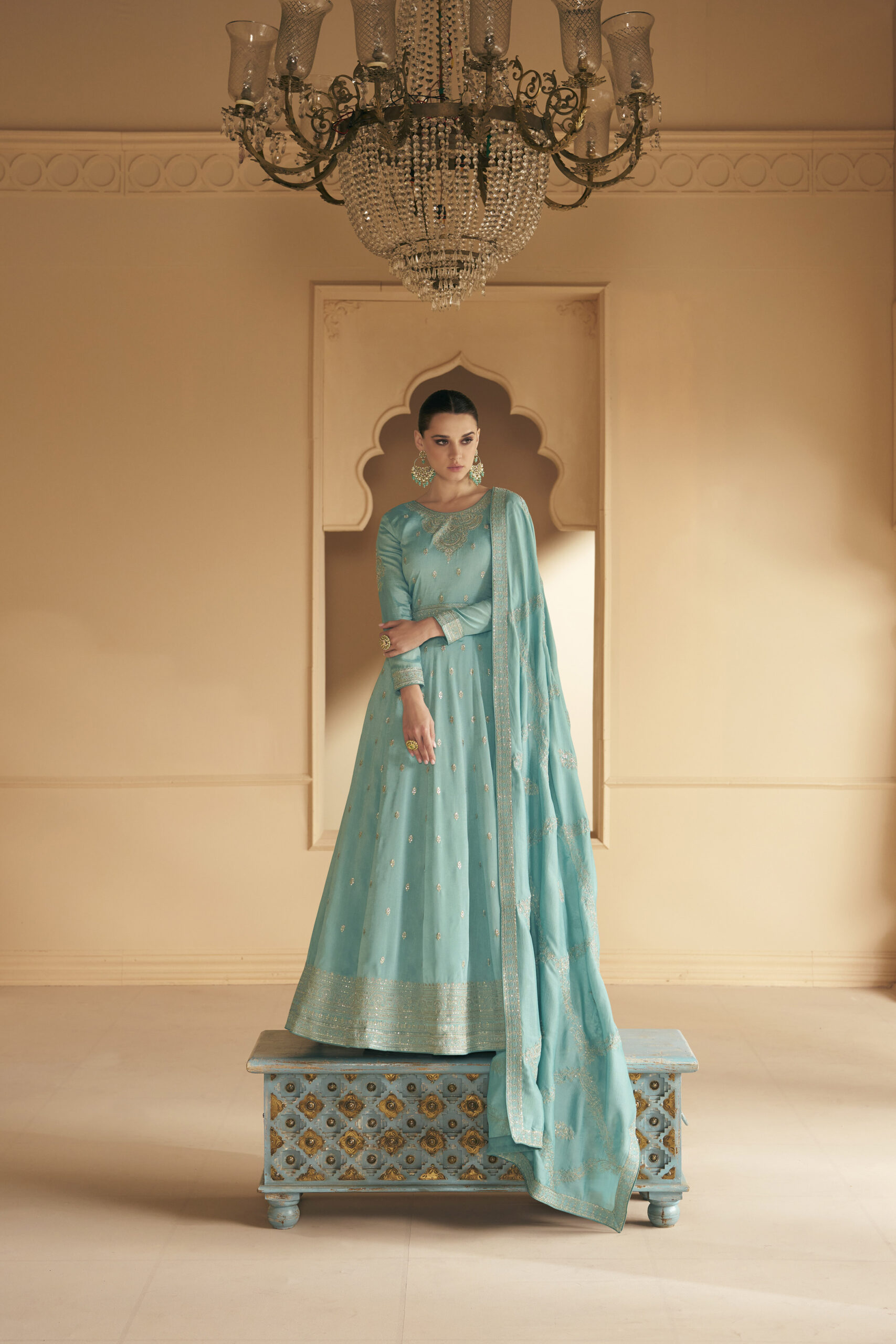Wedding Wear Prussian Blue Embroidered Silk Anarkali Suit LSTV124415