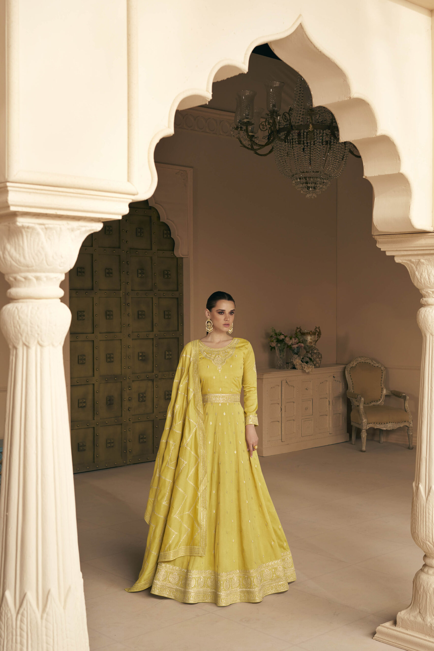 Yellow Color Foil Printed Dola Silk Gown - Clothsvilla