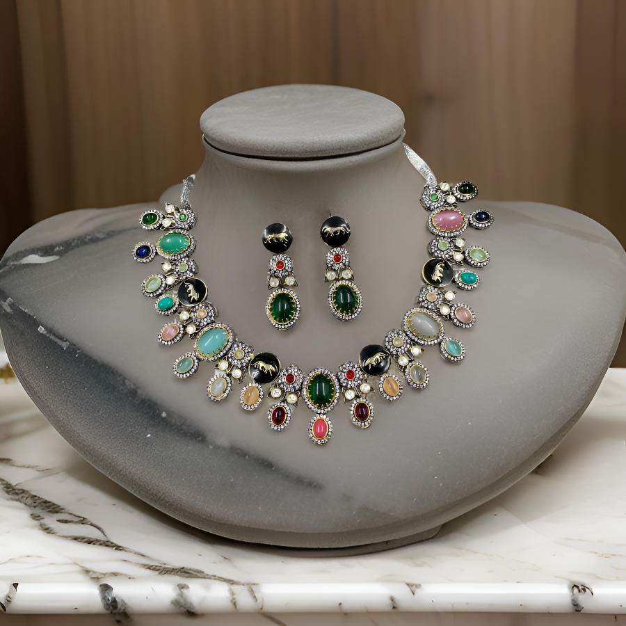 Multicoloured Stonework Sabyasachi Design Jewellery Set Maharani