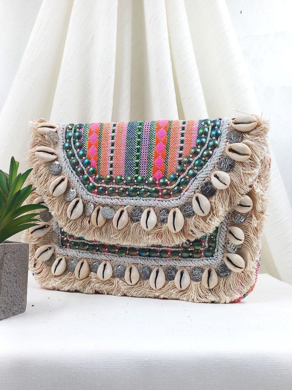 multicoloured shell design boho sling bag