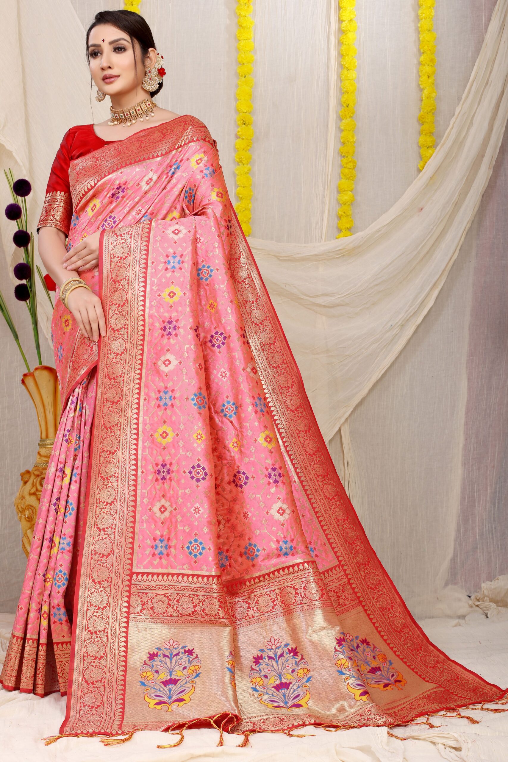 Coral-Blush Designer Silk Saree With Heavy Thread Embroidered Border |  Exotic India Art