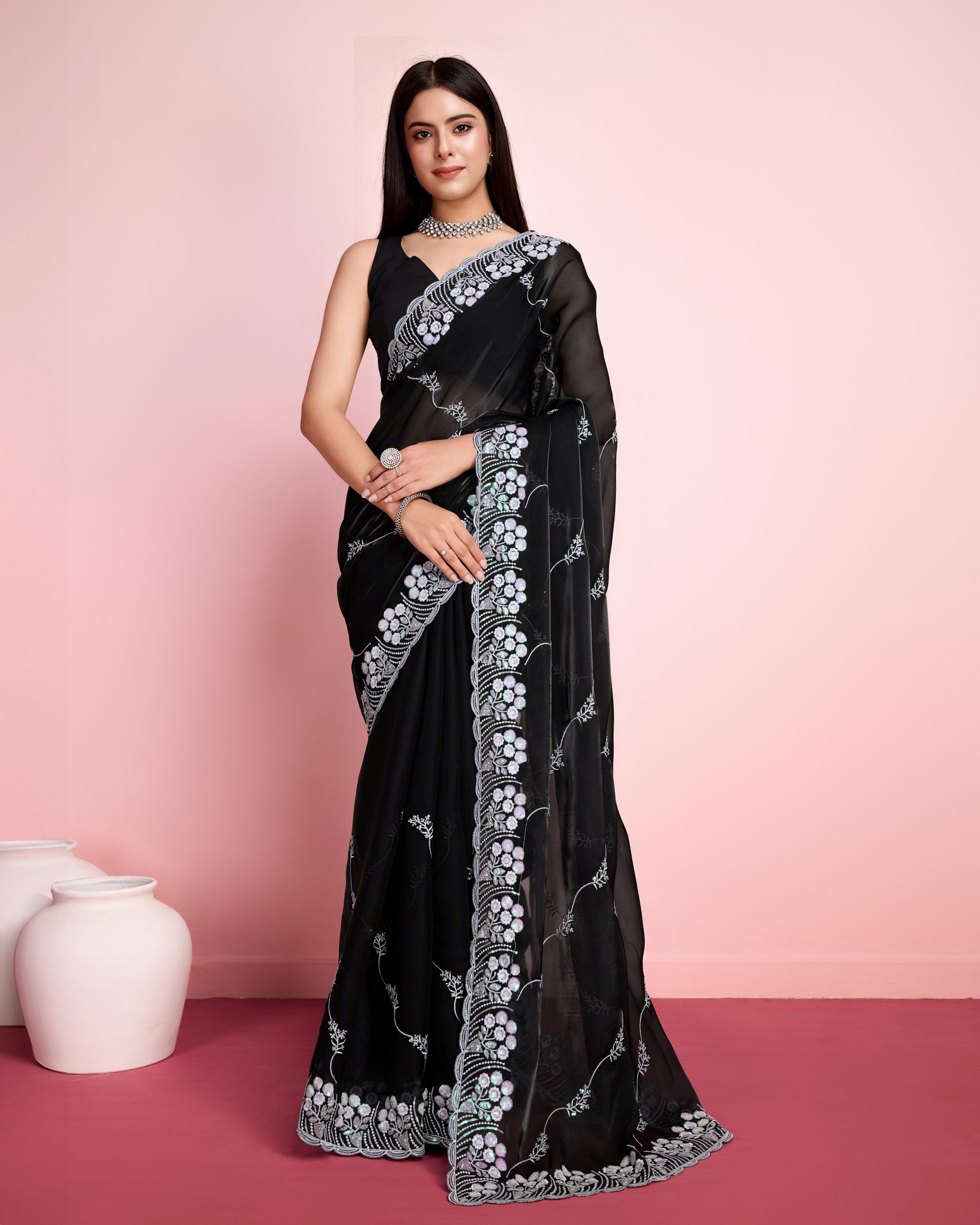 188376 Black hand embroidered saree