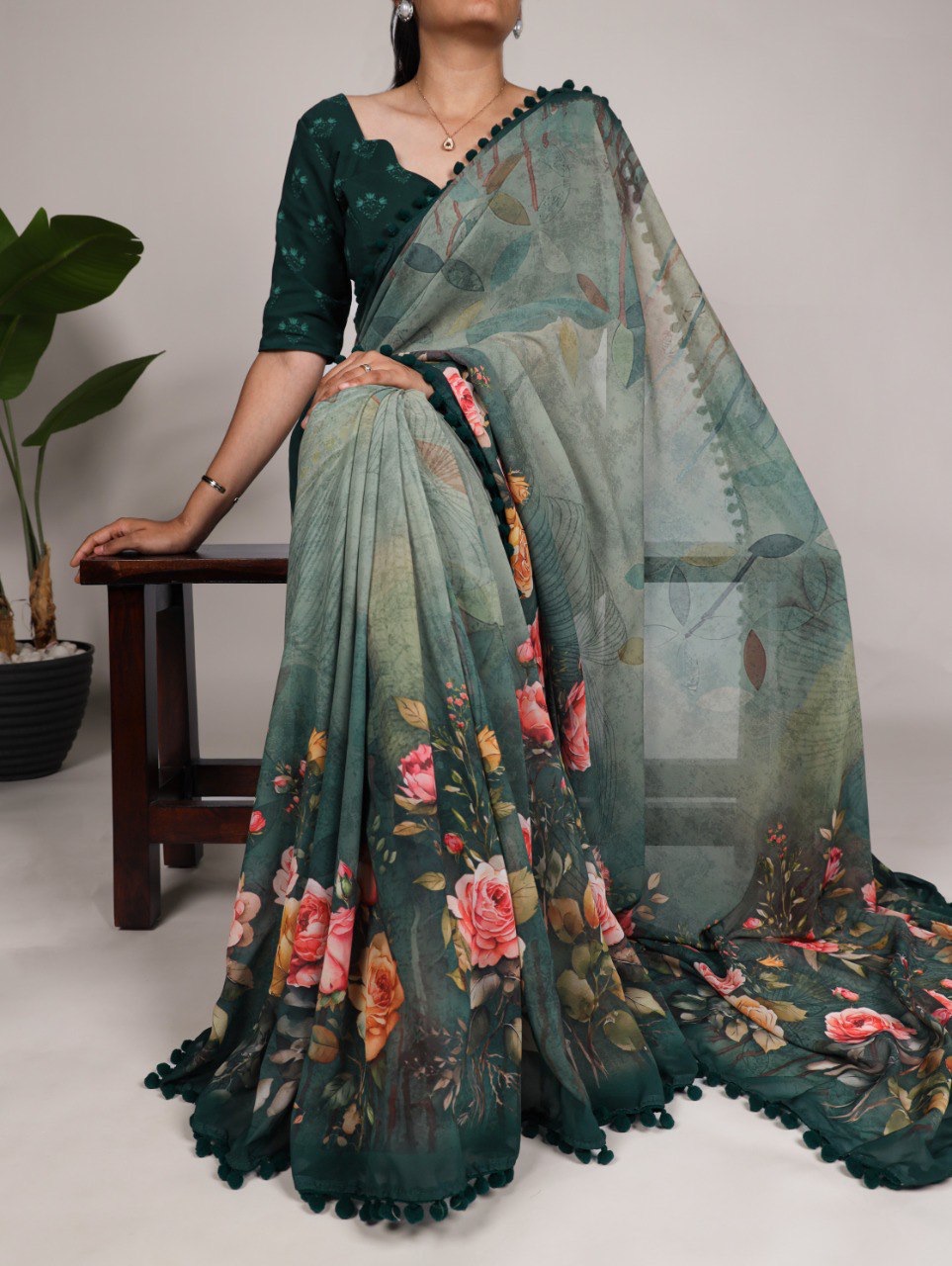 Green Floral Printed Georgette Saree Maharani